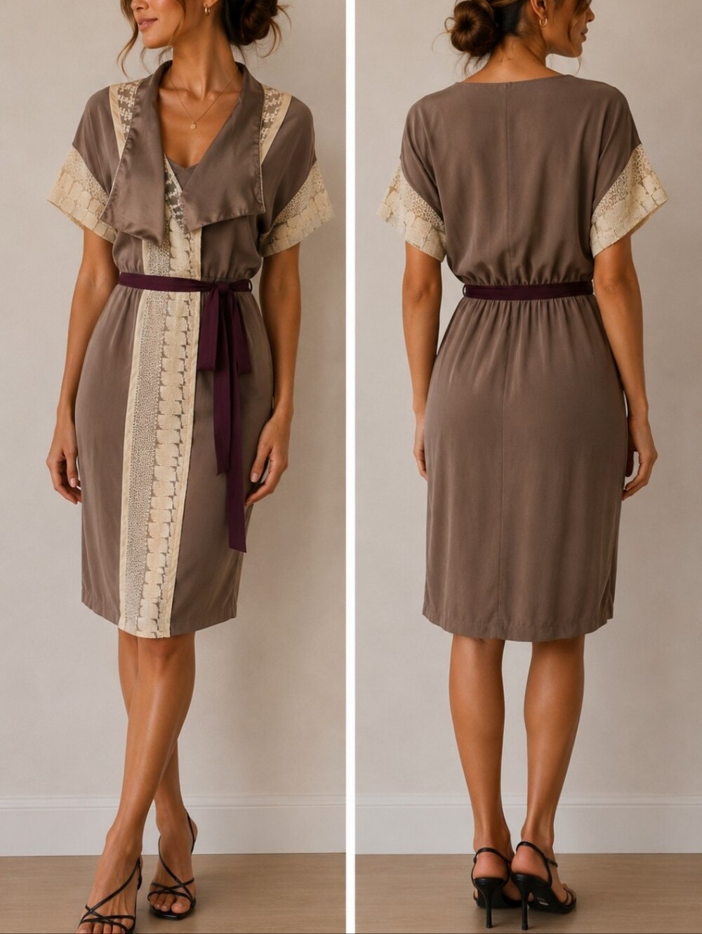 100% Silk Vena Cava Elegant Cream Dress With Beautiful Deep Red Silk Belt Tie